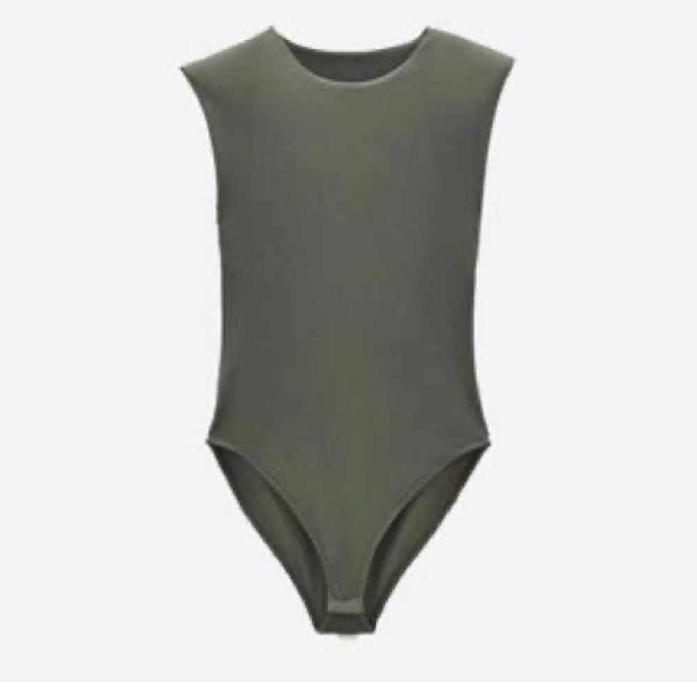 Zara olive gray shoulder pads S sleeveless lined fitted snaps bodysuit - Picture 2 of 12